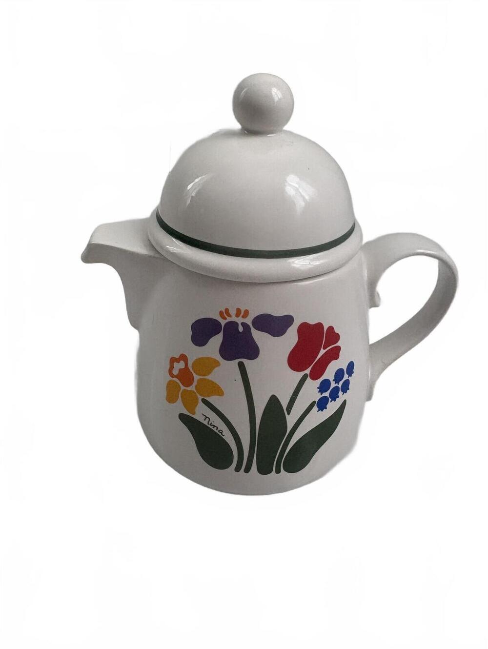 Nina |‎ Vintage Bright Flower Ceramic Teapot w Lid White Red Purple Orange